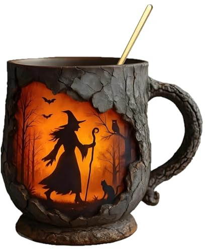 Hozaenwa Tazas Originales 13 Onzas | Tazas De Café Divertidas Para Mujeres | Diseño De Bruja Con Fuego Textura 3D Corteza Árbol Taza Ergonomica Para Adultos Regalo Cumpleaños Navidad Colegas Trabajo