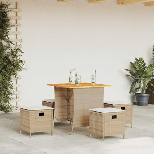 Teenpull 5-TLG. Garten-Essgruppe, Beige Poly Rattan, Akazienholz Tischplatte, UV-beständig, wasserfest, für Terrasse, Balkon, Gartenmöbel Set