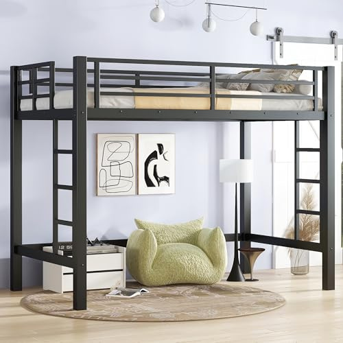 Metal Twin Size Loft Bed,Heavy Duty Loft Bed Frame Twin Size with 2 Ladders and Full Length Guardrails for Kids, Teens, Adults,Noise-Reducing,Space-Saving,Black