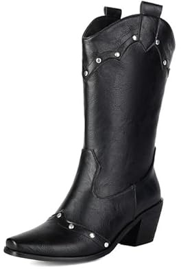 EICOFF Botas Vaqueras Occidentales para Mujer con Detalles de Tachuelas, Punta Puntiaguda y Tacones medianos en Bloque, Botas de Estilo Casual Country,Negro,41 EU