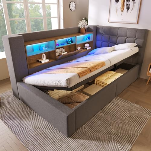 Merax Tagesbett 90x200cm, Polsterbett mit hydraulischem Stauraum, Einzelbett mit LED & Ladestation, L-förmigem Jugendbett mit Offenes Regal, Lattenrost, Funktionsbett, Leinenstoff, ohne Matratze, Grau