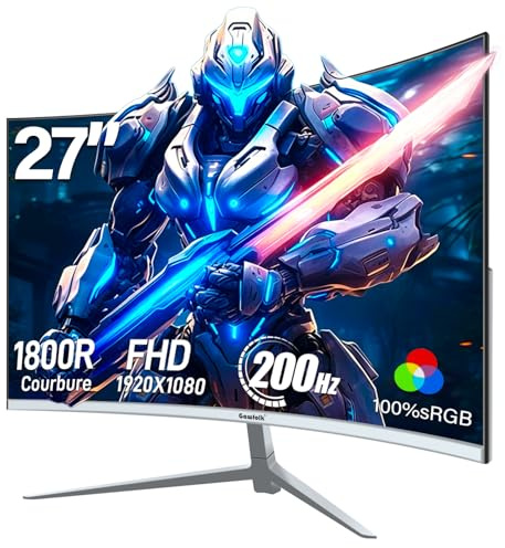 Gawfolk 27 Zoll Curved Gaming Monitor 200Hz, PC Bildschirm mit Lautsprecher | 1800R Full HD 1920x1080p Gebogen Computermonitors, HDMI, VGA, VESA 100 * 100MM, For Gamer, Home-Office & Multimedia