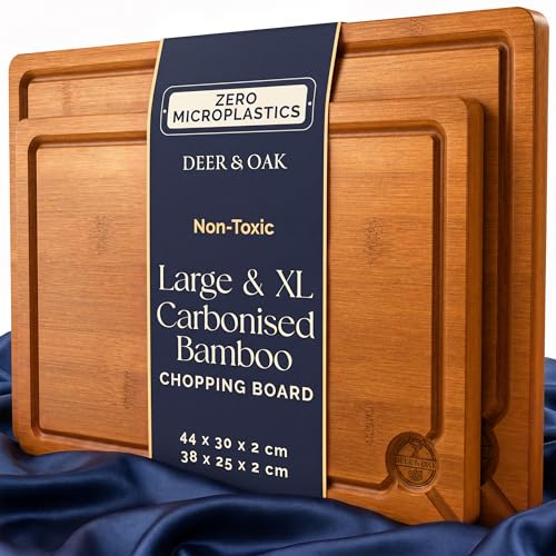Deer & Oak Carbonised Bamboo Chopping Board Set, 1x Large & 1x XL | 38x25x2cm and 44x30x2cm · Pre-oiled · for Carving Meat, Fish and Vegetables