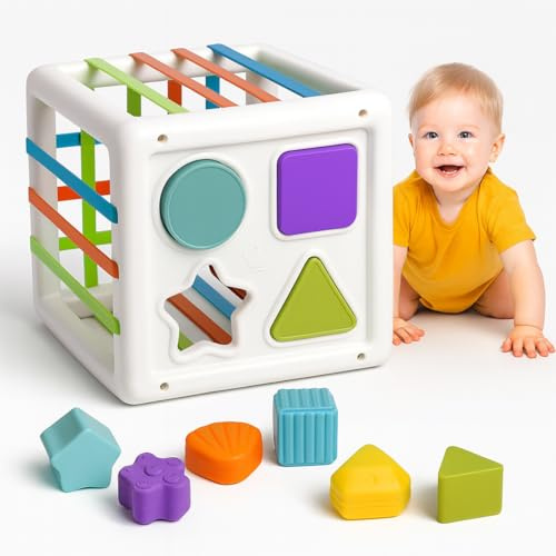 Toyana 11 in 1 Baby Shape Sorter Montessori Sensory Cube with Elastic Bands, Soft Edges, Multi-Textured Blocks Fine Motor Travel Skill Learning & Sorting Activity Toy for Toddler Gift 6+ Months