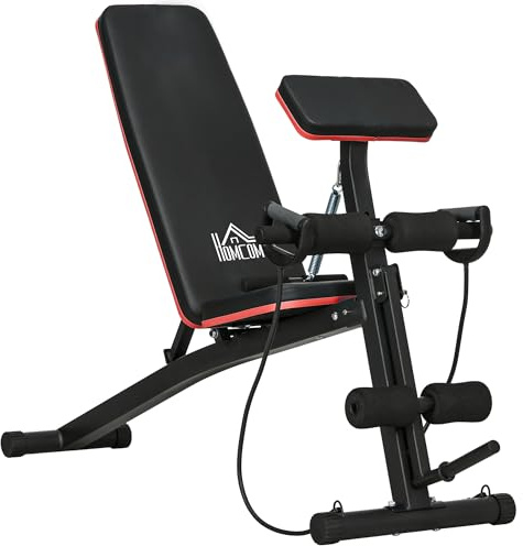 HOMCOM Banco de Musculación Plegable, Banco de Pesas, Respaldo Inclinable de 7 Niveles, Extensión de Pierna, Cojín de Predicador, Banda de Resistencia, para Entrenamiento Completo, Casa Gimnasio, Rojo