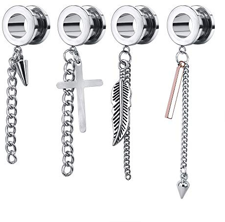 ZeSen Jewelry 4 Stück 4 g - 7/8 Zoll Federkette Dangle Ear Gauge Chirurgenstahl Ohr Tunnel Cross Ear Stretching Piercing