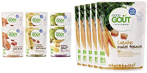 Good Goût - BIO - Lot de 6 plats (2 plats Courges Butternut d'Agneau + 2 plats Artichauts panais pâtes parmesan + 2 plats Patates douces Porc) & BIO - Carottes Poulet dès 6 mois 190 g - Lot de 5