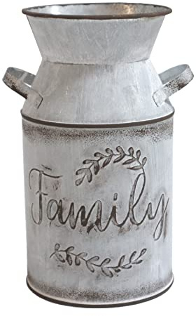 HIDERLYS 7.5 High Rustic Decorative Vase with Greetings and Rope Design, Metal Milk Can Country Jug for Living Room, Bedroom, Kitchen