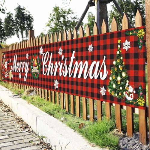 Christmas Banner Outdoor 117” x 19” Large Merry Christmas Banners Decorations for Garden Yard Fence Wall Red Plaid Fabric Xmas Banner Porch Sign with Santa Reindeer Festive Holiday Party Decor