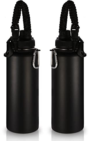 Volhoply Insulated Water Bottles Bulk 2 Pack, 1200ml Stainless Steel Sports Bottle with Paracord Handle & Spout Lid,Metal Travel Water Cups with Wide Mouth,Reusable Big jug for Adults(Black,2 Set)