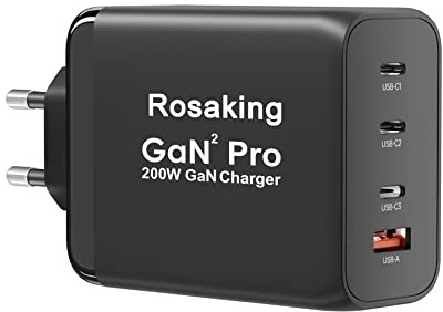 Rosaking Cargador USB C 200W,Cargador Rápido GAN III Tech,4 Puertos Cargador Rapido USB C para MacBook Air,Cargador Compatible con Samsung Galaxy Book