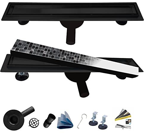 AQUA HEATING 2in1 linearer Edelstahl-Bodenablauf superflach Komplettset für Badezimmer mit bodengleicher Dusche, Duschrinne Set, Duschablauf Drehsiphon Doppelseitiger Rost 50 cm schwarz
