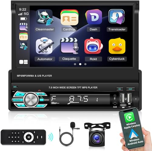 1din Autoradio mit Bildschirm, Wireless Carplay und Android Auto - 7 Zoll 1 Din Ausklapp Radio Bluetooth Mirror Link USB Typ C + AHD Rückfahrkamera und Fernbedienung
