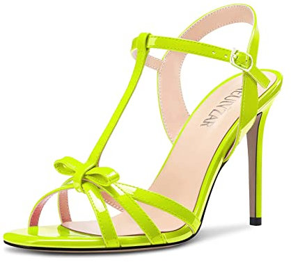 HEUIVZAR Donna Spillo Alto High Tacco Heel Aperte sulla Punta Sandali Cinturino alla Caviglia T-strap Nodo Fiocco Ballo Dress 10 CM Heels Verde Lime 40 EU