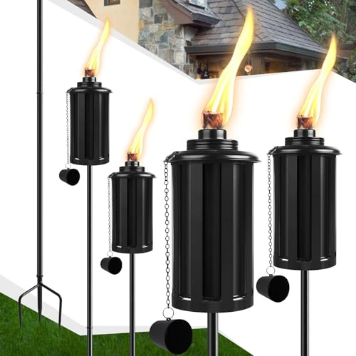 FALBAWR Citronella Torches Set of 4, 16 oz Garden Torches for Outside, 3-Prong Grounded Stake Outdoor Torches, 58 inch Outdoor Decorative Lantern, Black