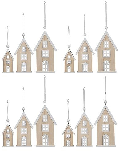 12tlg. Anhänger Lille HUS Natur weiß aus Holz Dekohänger Holzhaus (4X 3tlg. Set)