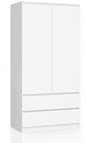 AKORD Zweitüriger Kleiderschrank S 90 cm 2 Schubladen mit Regalen und Einer Kleiderstange für EIN Schlafzimmer Kleiderschränke Minimalistischer Stil Laminierte Platte 16 mm Farbe Weiß