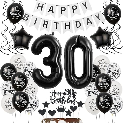 Luftballons 30 Geburtstag Dekoration frauen Mann Schwarz weiß, deko 30. Geburtstag frauen,Tortendeko 30 ,Geburtstagsdeko 30 jahre Männer Schwarz Ballon 30. geburtstag frau