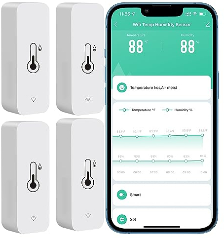 PHOVOLT WLAN Hygrometer Thermometer Sensor, kabelloser intelligenter Temperatur und Feuchtigkeitsmonitor mit Remote App Benachrichtigungsalarm, für Zuhause, Gewächshaus (4 Stück)