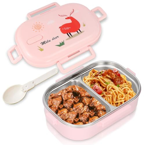 Tomotato Caja Bento de Portátil, 650 ml Lonchera Bento Dividida con 2 Compartimentos, Loncheras a Prueba de Fugas de Acero Inoxidable para Adultos, Niños, Oficina y Escuela(Ciervo rosa)