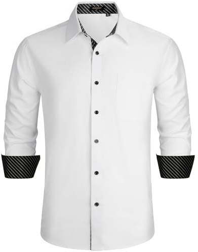 HISDERN Herrskjorta, formell fritidsskjorta, affärsskjortor, fritidsskjortor, långärmad, bomull, klassisk, normal passform, skjortor, Vit/svart, XXL