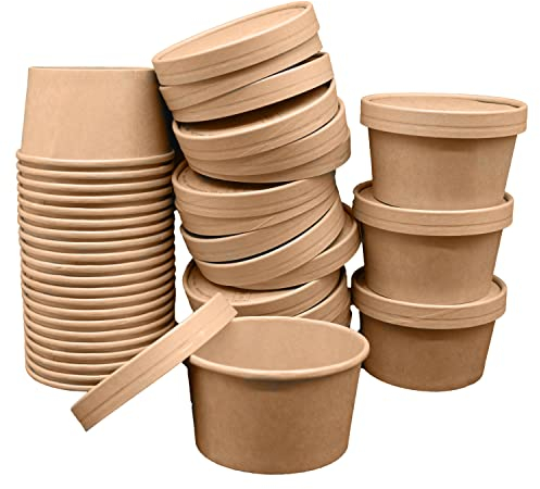 BAMI 50 Suppenbecher To Go mit Kraft Deckel | 350ml / 12oz - braun | Biologisch abbaubar & kompostierbar | Einweg Suppenschale Soup To Go