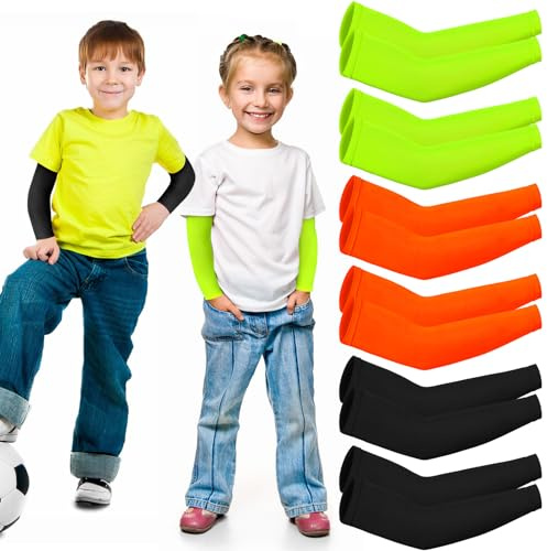 SATINIOR 6 Pairs Arm Sleeves for Kids, Compression UV Cooling Arm Sleeve for Baseball Football Youth Boy Girl Sports(Black, Orange, Green)