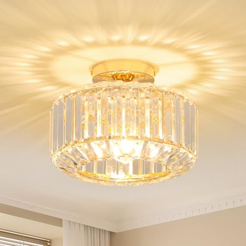 Rayofly Modern Crystal Chandeliers, Gold Ceiling Light Fitting with Glass Lampshade, Semi Flush Lights for Living Room, Bedroom, Kitchen, Hallway, Bathroom