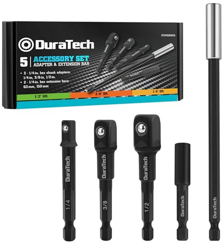 DURATECH 5-tlg. Stecknuss Adapter, Steckschlüssel-Adapter 3/8, 1/2, 1/4, 2 Verlängerungsstangen, Stecknussadapter Set, Adapter für Stecknüsse, mit Magnetische Verbindung, für Akku Schrauber