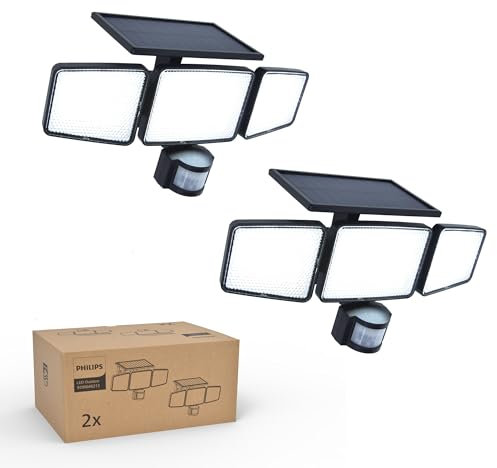 Philips Lampe de sécurité solaire Extérieur 302 LED 1200 lm, projecteur mural étanche à énergie solaire avec détecteur de mouvement PIR, 3 têtes, étanche IP65, 3 modes (2)