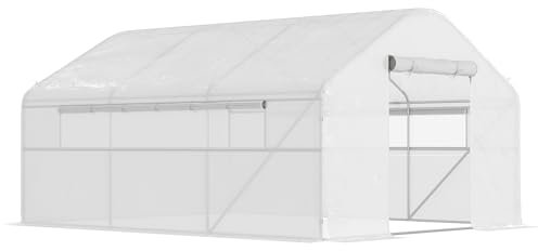 Outsunny Serre de jardin 12 m², serre tunnel de jardin 4 x 3 x 2 m avec portes enroulables et grandes fenêtres en maille, serre en acier galvanisé et PE haute densité 140 g/m² résistante aux UV, blanc