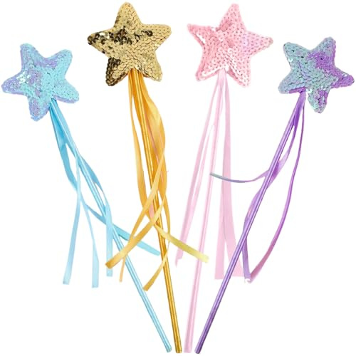4 bacchette magiche da principessa a forma di stella, bastoncini magici da principessa, con stella a cinque punte lucida e scalata, piena di stile fiaba, adatti per feste di Natale e cosplay