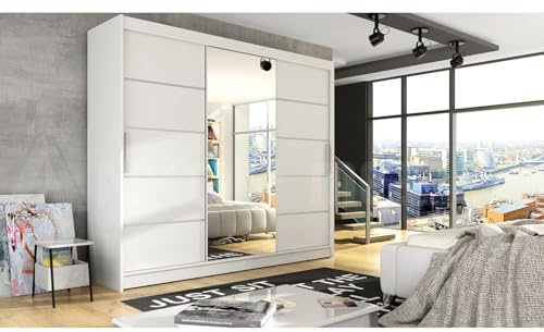 Gaba furniture White Series 250 cm Sliding Door Wardrobe with Mirror Widths 100/120/150/180/200/250 cm Furniture for Bedroom Living Room Wardrobe with Hanging Rail
