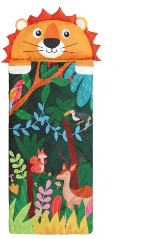 Decalsweet Schlafsack Kinder Doppelter Reißverschluss Warm, Faltbare Kinderschlafsack mit Kissen Abnehmbar für Mädchen Jungen, Schlafsack Kuscheltier für Outdoor Indoor Camping, 150×60cm Löwen