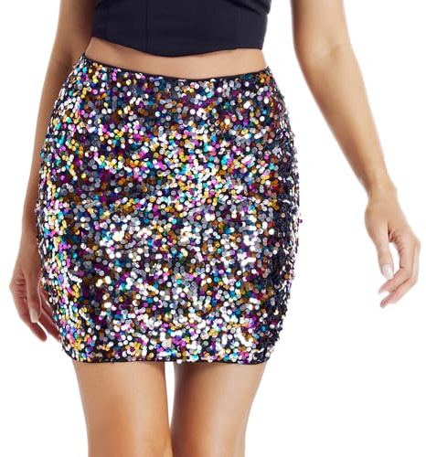 Paillettenrock Damen Glitzer Rock Kurz Sexy Minirock Elastische Taille Hüftrock für Party Disco Outfit Karneval Silvester Mehrfarbig L