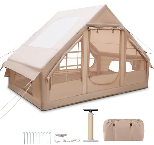 GYMAX Aufblasbares Campingzelt mit Pumpe, Aufblasbares Zelt 4-6 Personen mit Fenstern, Türen, Dachfenster & Kaminfenster, wasserdichtes & winddichtes Luftglamping-Zelte 3 × 2,1 × 1,97m