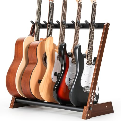 CAHAYA Soporte de madera para 5 guitarras – Soporte universal plegable de suelo para guitarras acústicas, eléctricas, clásicas y bajos – Ideal para casa, estudio o exposición
