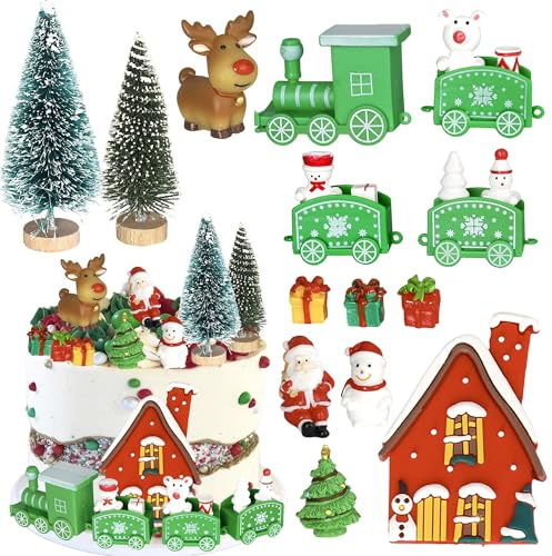 Xsstarmi Merry Christmas Cake Topper Decorations with Train Xmas Tree Cake Pick Elk Santa Claus House Cake Decorations for New Year Birthday Christmas Party DIY Cake Decoration Supplies