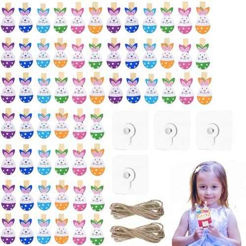Decorazioni Pasquali, 60 Clips in Legno a Forma di Coniglio, 2 Rotoli di Filo da 10m e 4 Adesivi Senza Foratura, Perfette per Foto e Immagini, Atmosfera Festiva Pasquale
