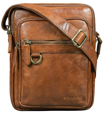 STILORD Orion Axelväska i läder för män | Vintage liten väska för iPad 10,9 tum | Äkta läder axelväska Färg: svart, Brandy - konjak, S