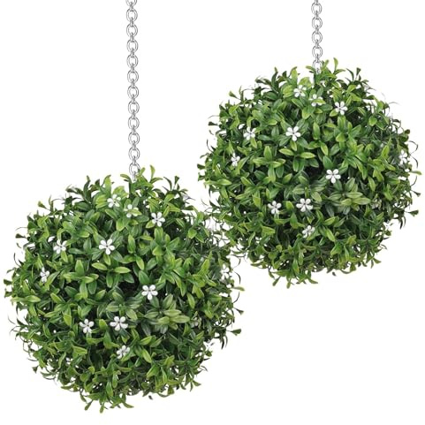 Künstliche Buchsbaum-Kugel, 2 Stück, künstliche Pflanzenornamente, UV-beständige Deko-Kugel, wasserdichtes hängbares Gartenzubehör, rostfrei, für Terrasse, Hof, Balkon, Veranda, Terrasse, Hochzeit