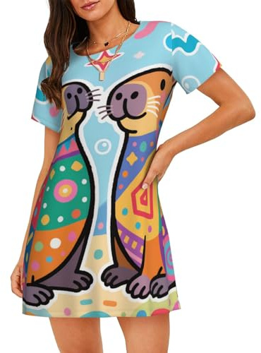 Zelinge tecknade capybaror ljusblå bekväm nattklänning för kvinnor nattskjorta t-shirt sovklänning t-shirt nattkläder stor