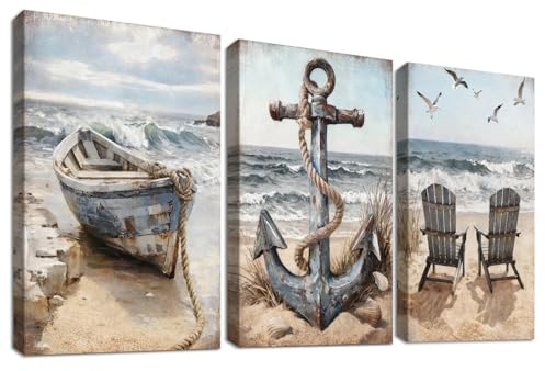 3 Pcs Playa Costera Marco de Madera Cuadro Moderno Velero y Ancla Náutica Lienzo Decorativos Pintura Imagen Vintage Océano Playa Cuadros Decoracion Salon Dormitorios Pasillo Baño 30cmx40cmx3