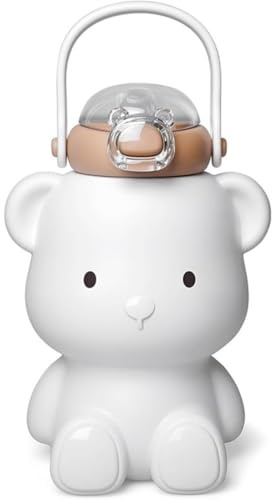 Buhdjfnke Simpatica Bottiglia D'Acqua da 16 Once, A Forma di Orsetto Kawaii, A Prova di Perdite, In Acciaio Inossidabile, con Cannuccia e Cinturino, Tazza Sicura per Bere, Regalo per Bambini e Bambine