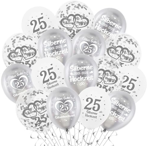 Tasoraor Silberhochzeit Deko Luftballons Set - 40 Stück 25 Hochzeitstag Dekoration Silber Weiß Ballons, Konfettiballons für Silberne Jahrestag 25. Jubiläum