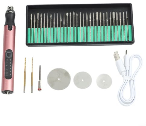 Herramienta giratoria inalámbrica para mini taladro, amoladora y bolígrafo de grabado - 3.6V 25W velocidad variable (5000-25000 RPM), cuerpo metálico, plata/verde, visualización de batería y