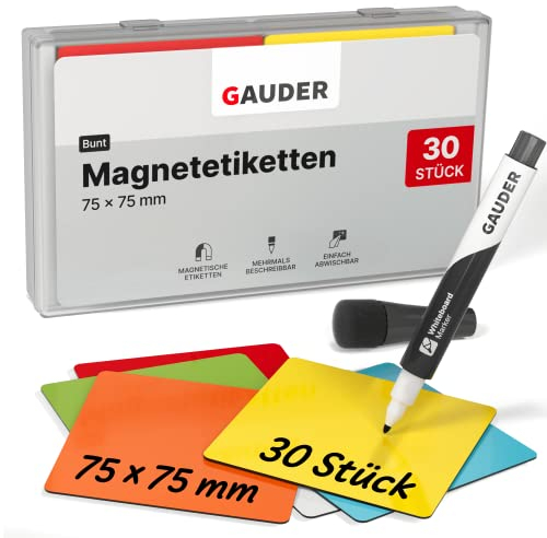 GAUDER Magnetetiketten beschreibbar - Wiederverwendbare Magnetschilder zum Beschriften für Whiteboard, Tafel, Kanban-Board und Kühlschrank - Magnetkarten mit Marker (30 Stück - 75 x 75 mm)