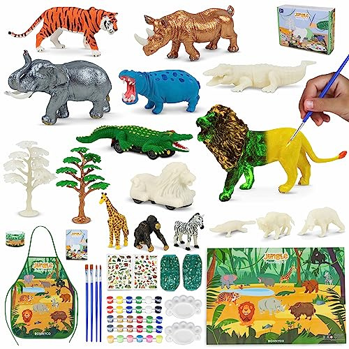 BONNYCO Animales de Juguete con 16 Figuras para Pintar, Kit Manualidades Niños con Brillo en la Oscuridad. Regalos y Juguetes Niños 3 4 5 6 7 8 9 10 Años. Set Manualidades Cumpleaños Navidad