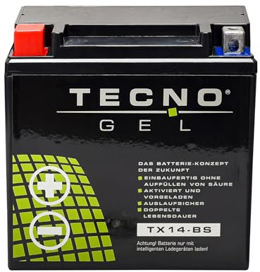 TECNO GEL Motorrad-Batterie für YTX14-BS, 12V Gel-Batterie 12 Ah (DIN 51214), 151x87x145 mm u.a. f K-T-M, KYMCO, MOT GUZZI
