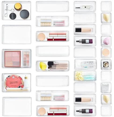 Lifewit 33 Stücke Schubladen Ordnungssystem Organizer, Schubladentrenner Verstellbar mit 4 Größen, Klar Kunststoff Küchen Organizer, Schminktisch Organizer für Makeup, Bad, Büro, Fridge